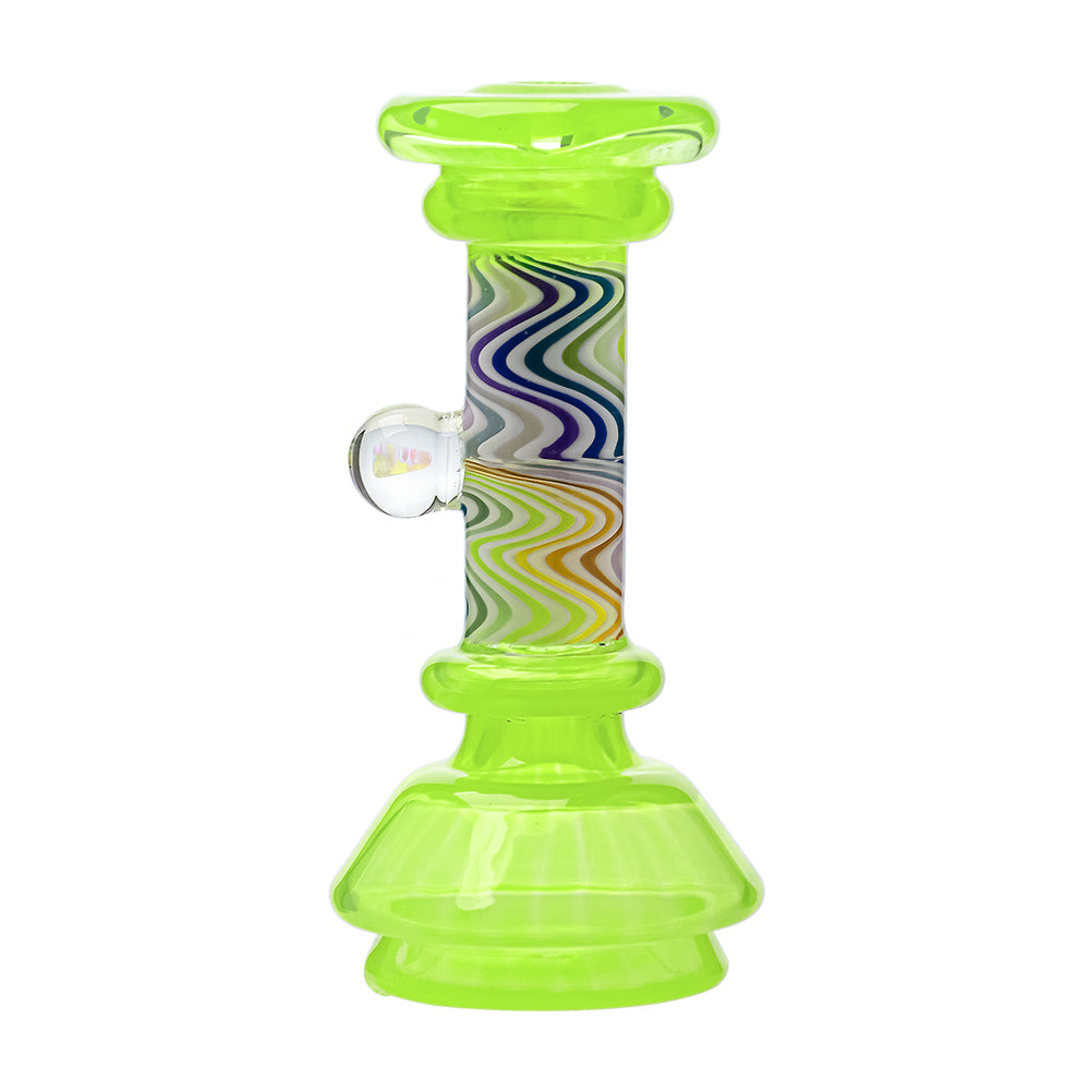 A collection of CaliBear glass attachments for Puffco Peak OG and Pro featuring vibrant wigwag swirl patterns in multiple colors and encased opal accents.