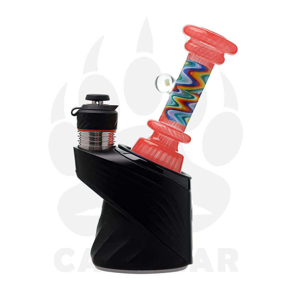 A collection of CaliBear glass attachments for Puffco Peak OG and Pro featuring vibrant wigwag swirl patterns in multiple colors and encased opal accents.