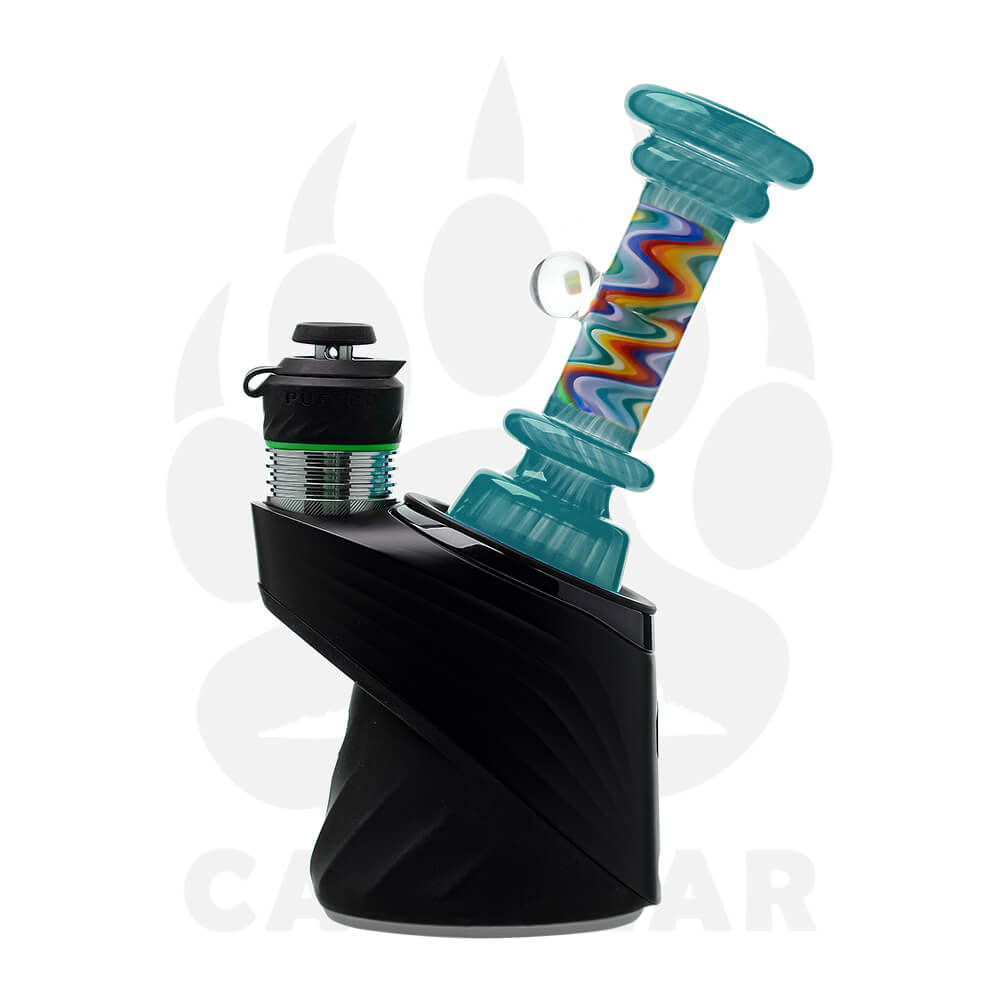 A collection of CaliBear glass attachments for Puffco Peak OG and Pro featuring vibrant wigwag swirl patterns in multiple colors and encased opal accents.