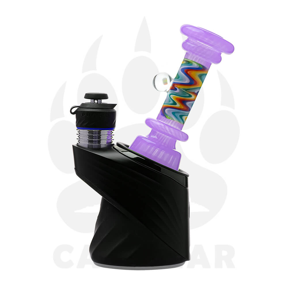 A collection of CaliBear glass attachments for Puffco Peak OG and Pro featuring vibrant wigwag swirl patterns in multiple colors and encased opal accents.