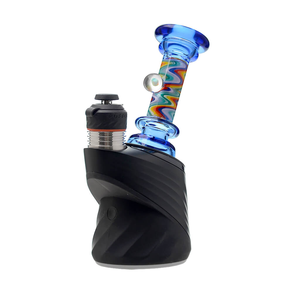 A collection of CaliBear glass attachments for Puffco Peak OG and Pro featuring vibrant wigwag swirl patterns in multiple colors and encased opal accents.