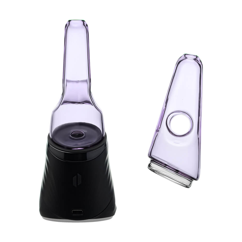Four colorful conical dry top glass attachments for Puffco Peak OG and Pro in blue, smoke, purple, and clear by CaliBear.