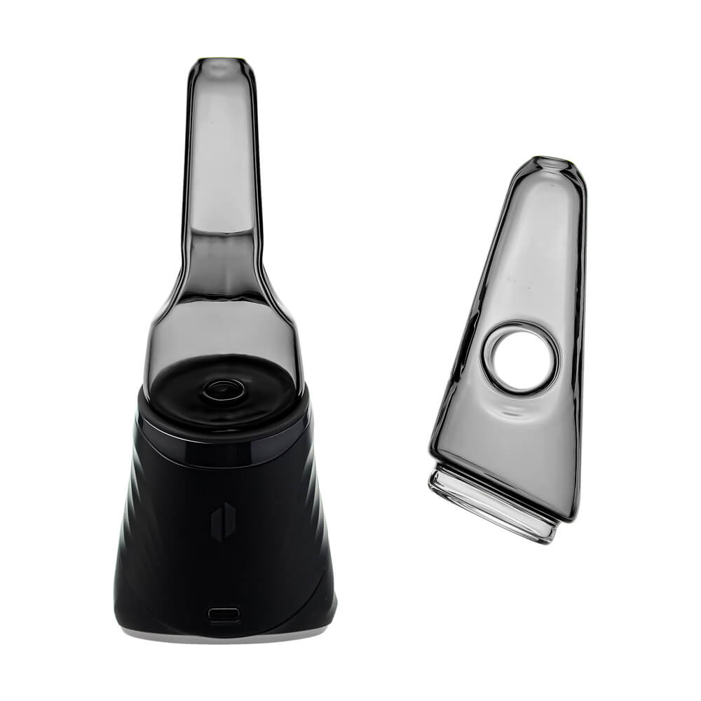 Four colorful conical dry top glass attachments for Puffco Peak OG and Pro in blue, smoke, purple, and clear by CaliBear.