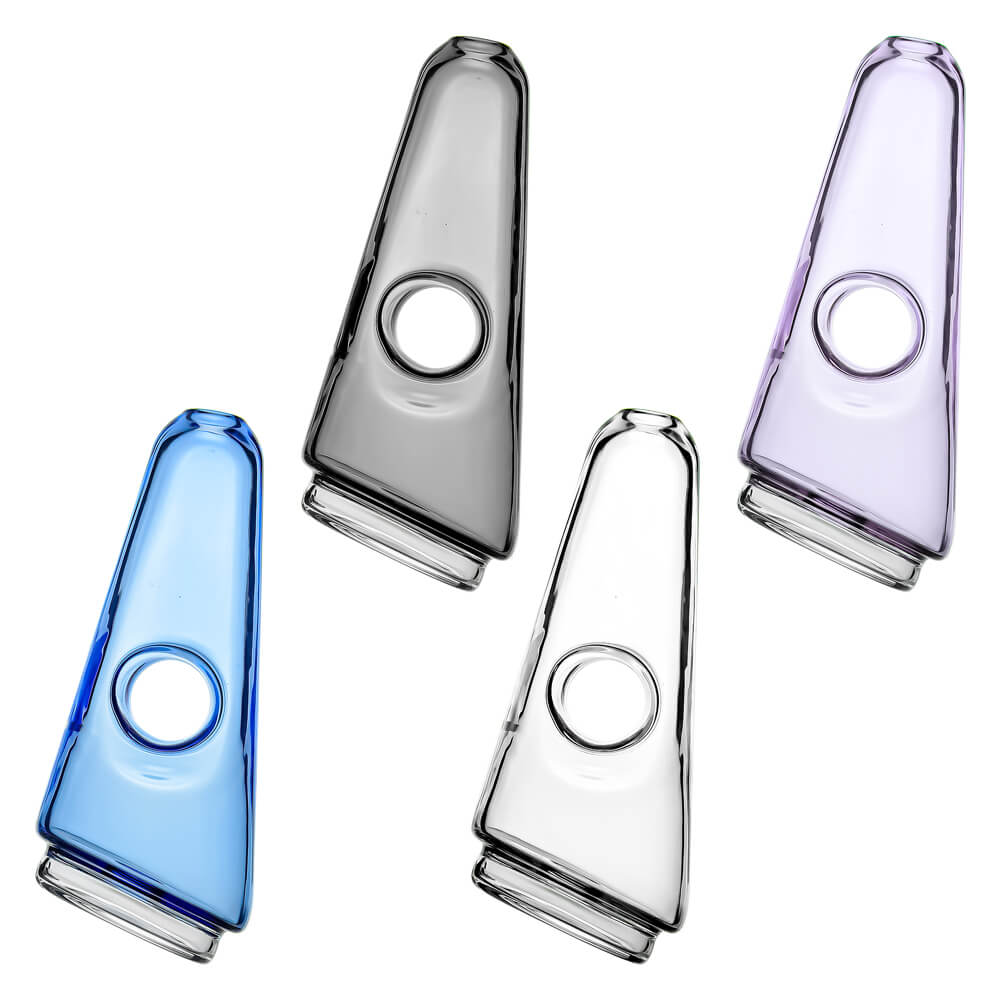Four colorful conical dry top glass attachments for Puffco Peak OG and Pro in blue, smoke, purple, and clear by CaliBear.