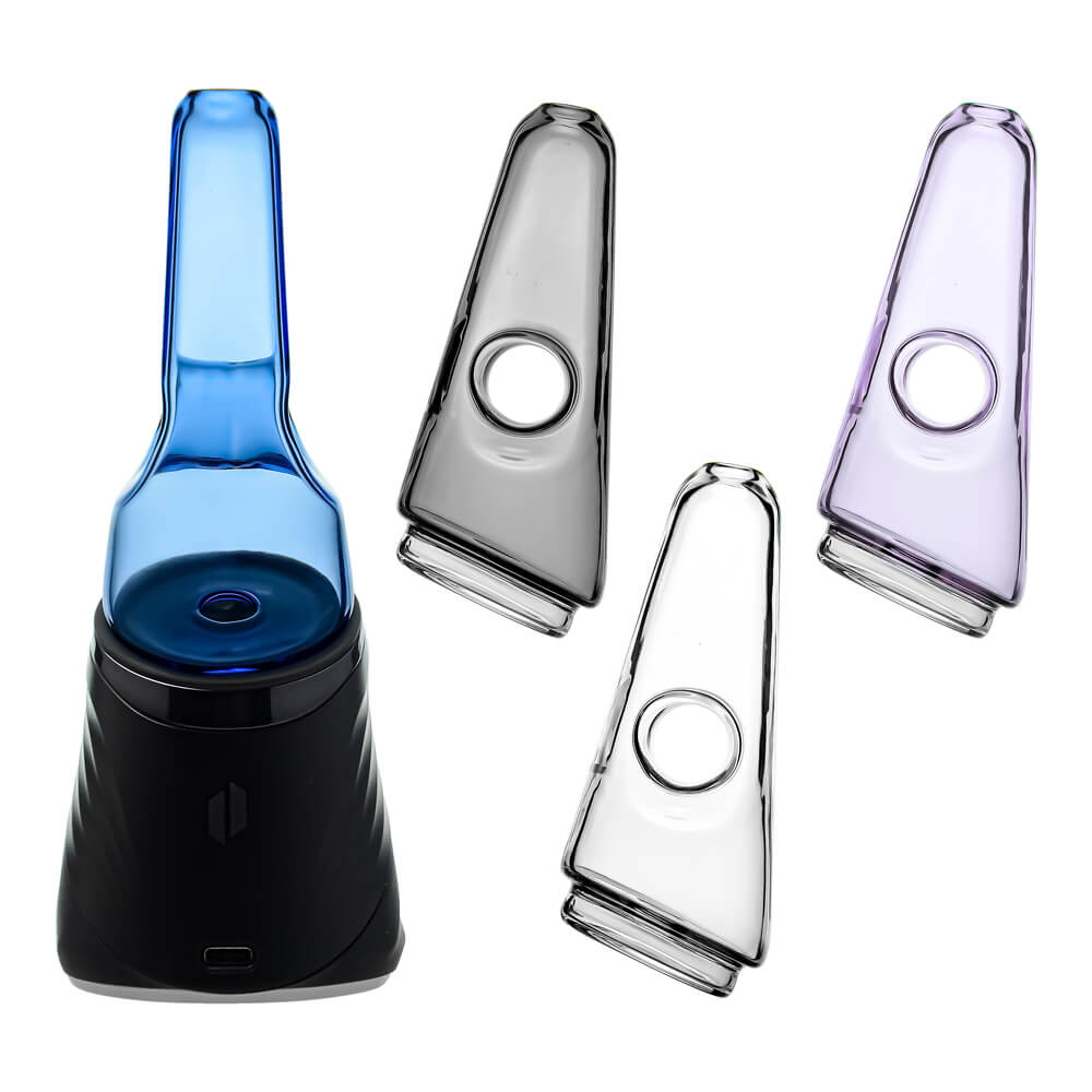 Four colorful conical dry top glass attachments for Puffco Peak OG and Pro in blue, smoke, purple, and clear by CaliBear.