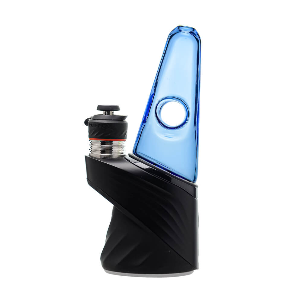 Four colorful conical dry top glass attachments for Puffco Peak OG and Pro in blue, smoke, purple, and clear by CaliBear.