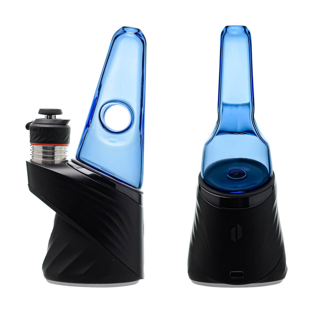 Four colorful conical dry top glass attachments for Puffco Peak OG and Pro in blue, smoke, purple, and clear by CaliBear.