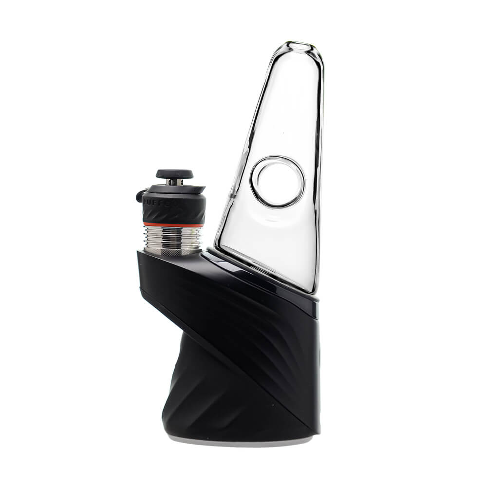 Four colorful conical dry top glass attachments for Puffco Peak OG and Pro in blue, smoke, purple, and clear by CaliBear.