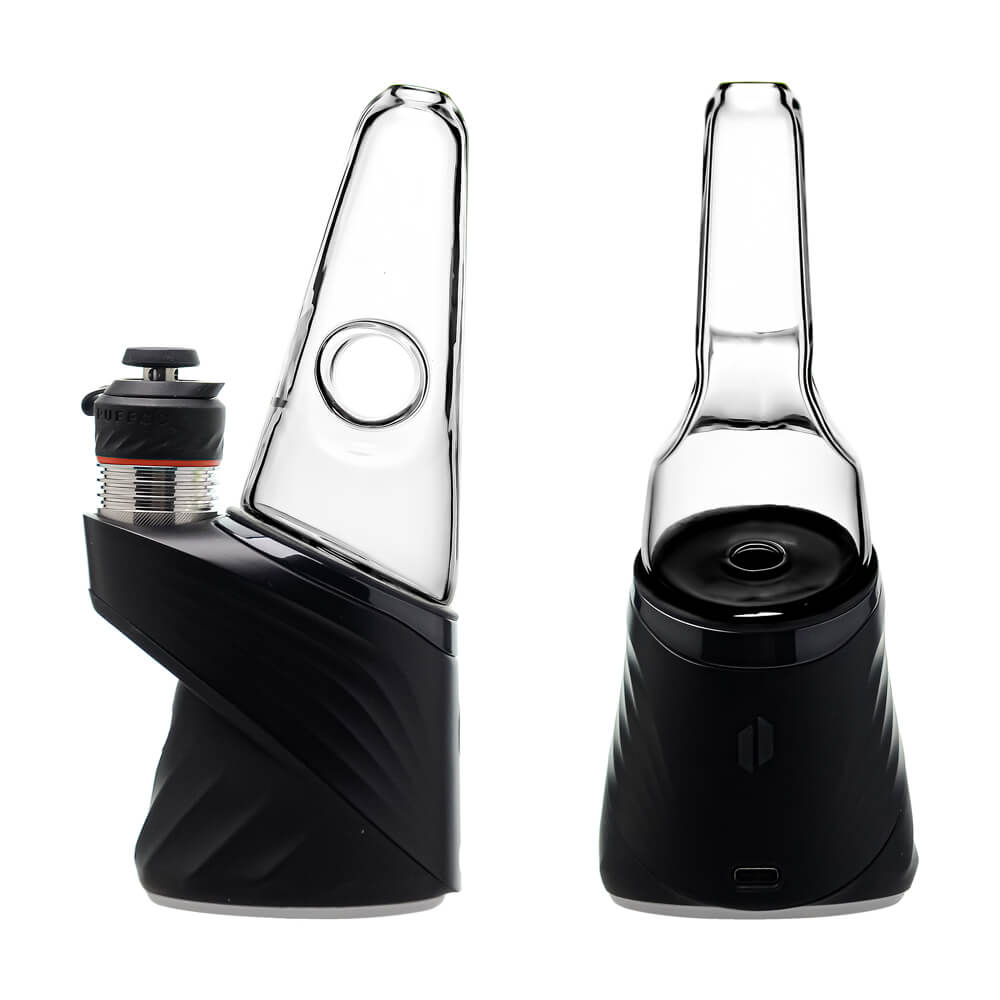 Four colorful conical dry top glass attachments for Puffco Peak OG and Pro in blue, smoke, purple, and clear by CaliBear.