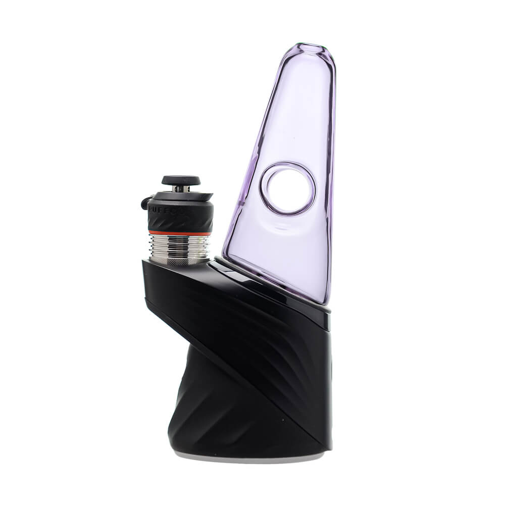 Four colorful conical dry top glass attachments for Puffco Peak OG and Pro in blue, smoke, purple, and clear by CaliBear.