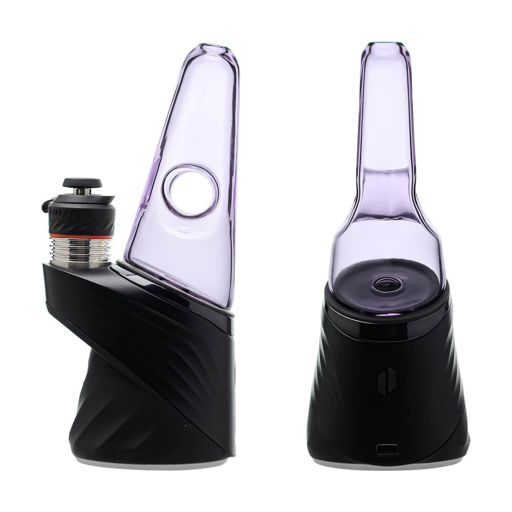 Four colorful conical dry top glass attachments for Puffco Peak OG and Pro in blue, smoke, purple, and clear by CaliBear.