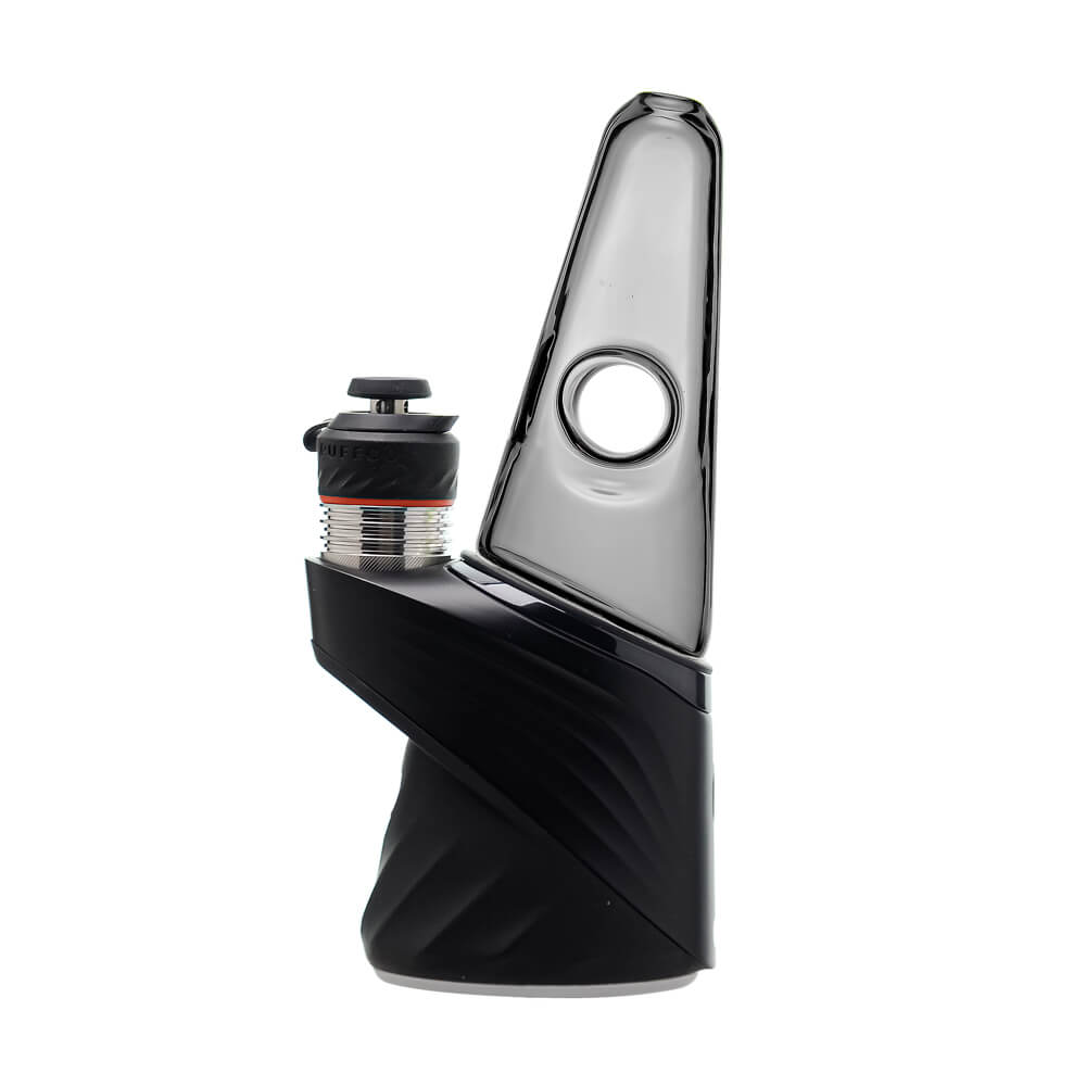 Four colorful conical dry top glass attachments for Puffco Peak OG and Pro in blue, smoke, purple, and clear by CaliBear.