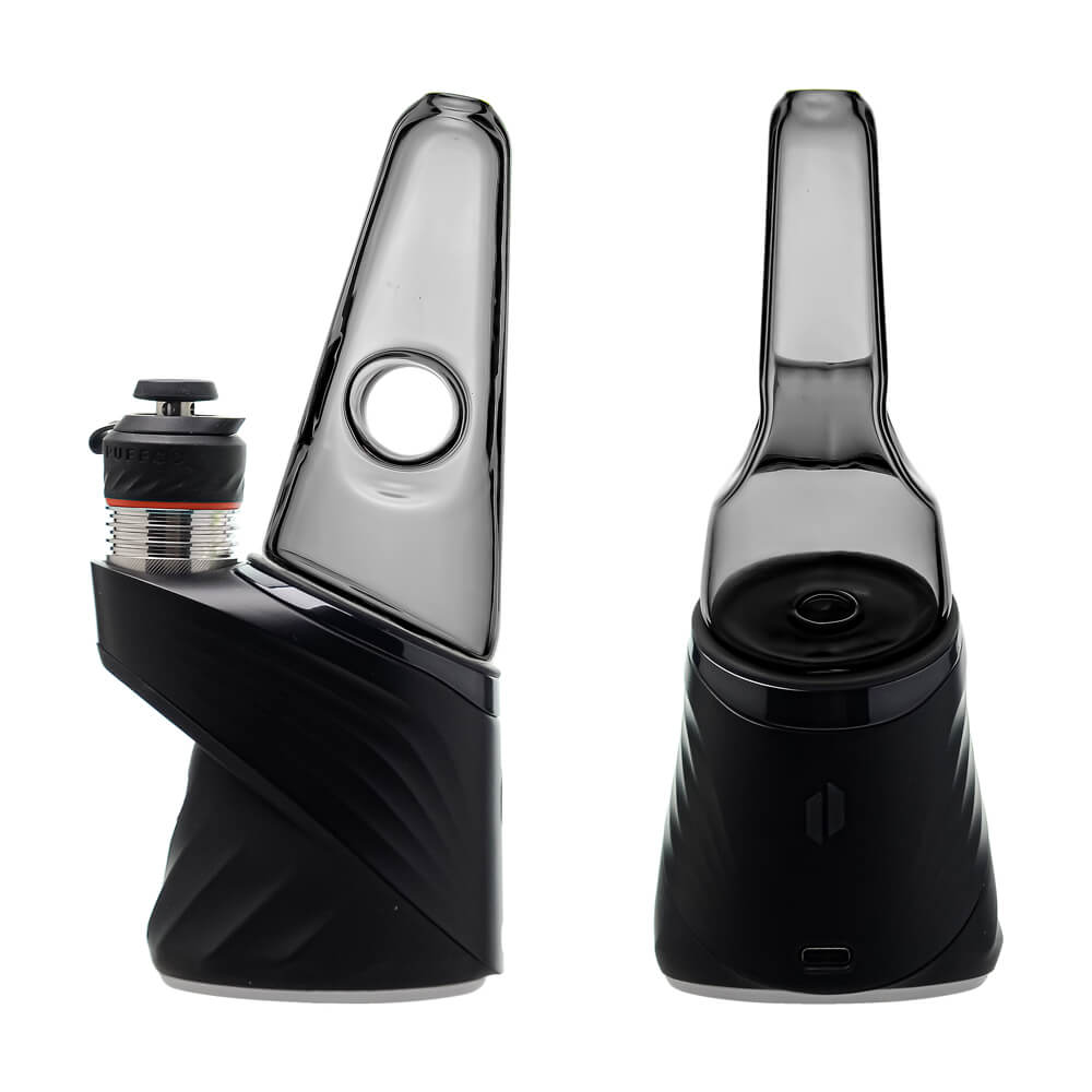 Four colorful conical dry top glass attachments for Puffco Peak OG and Pro in blue, smoke, purple, and clear by CaliBear.