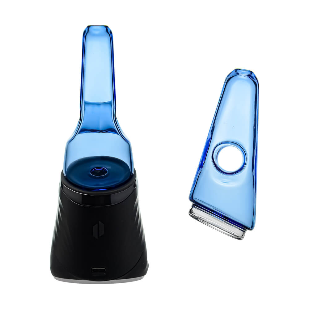 Four colorful conical dry top glass attachments for Puffco Peak OG and Pro in blue, smoke, purple, and clear by CaliBear.