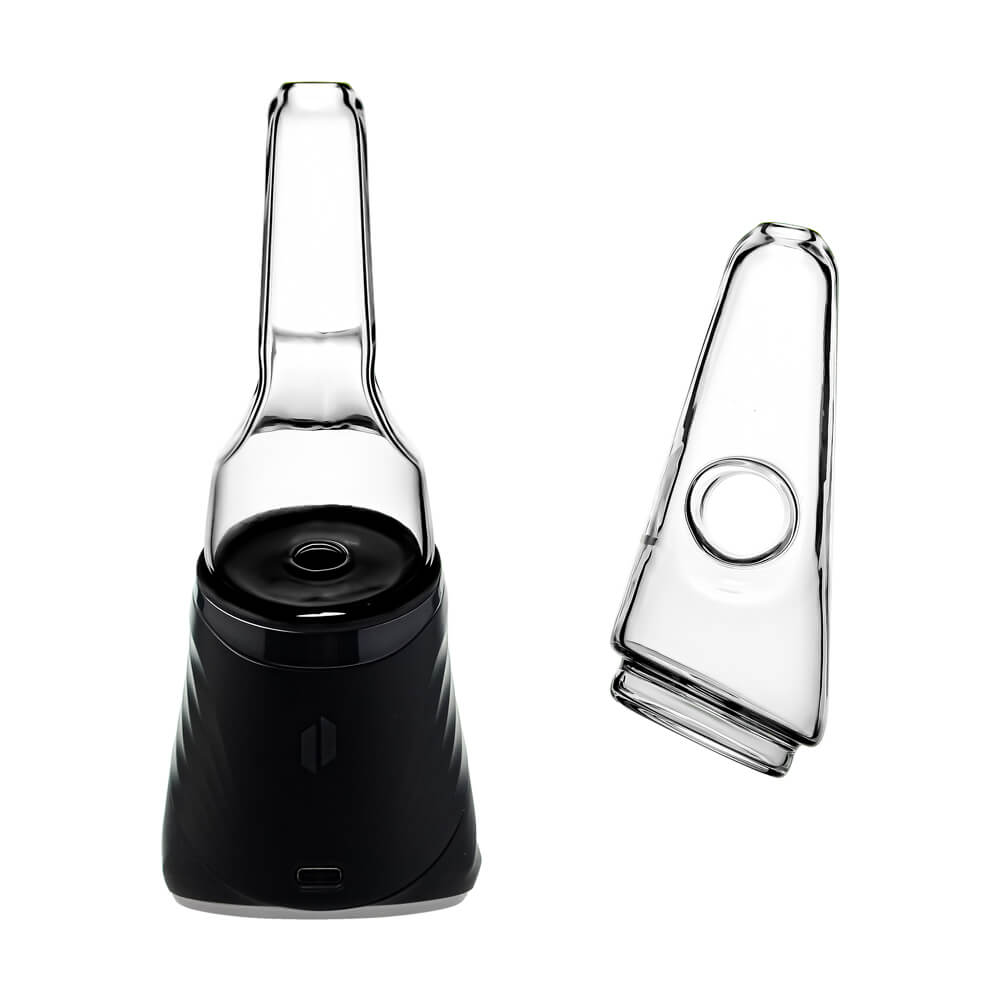 Four colorful conical dry top glass attachments for Puffco Peak OG and Pro in blue, smoke, purple, and clear by CaliBear.