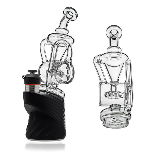 Calibear Donut Loop Recycler Glass Attachment for Puffco Peak OG and Pro, clear glass recycler top shown on Puffco base