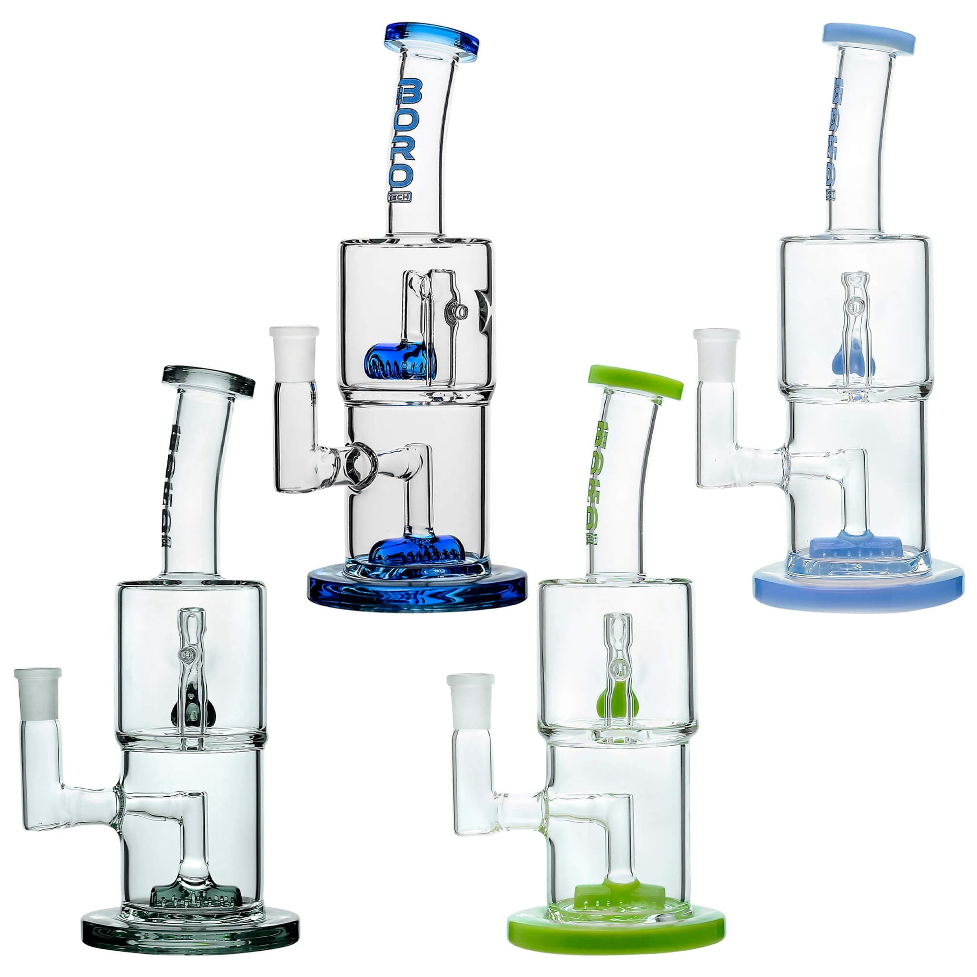 Calibear Double Hex dab rigs in five colorways, featuring a dual-chamber clear borosilicate body with colored accents on the base, percolators, and mouthpieces.