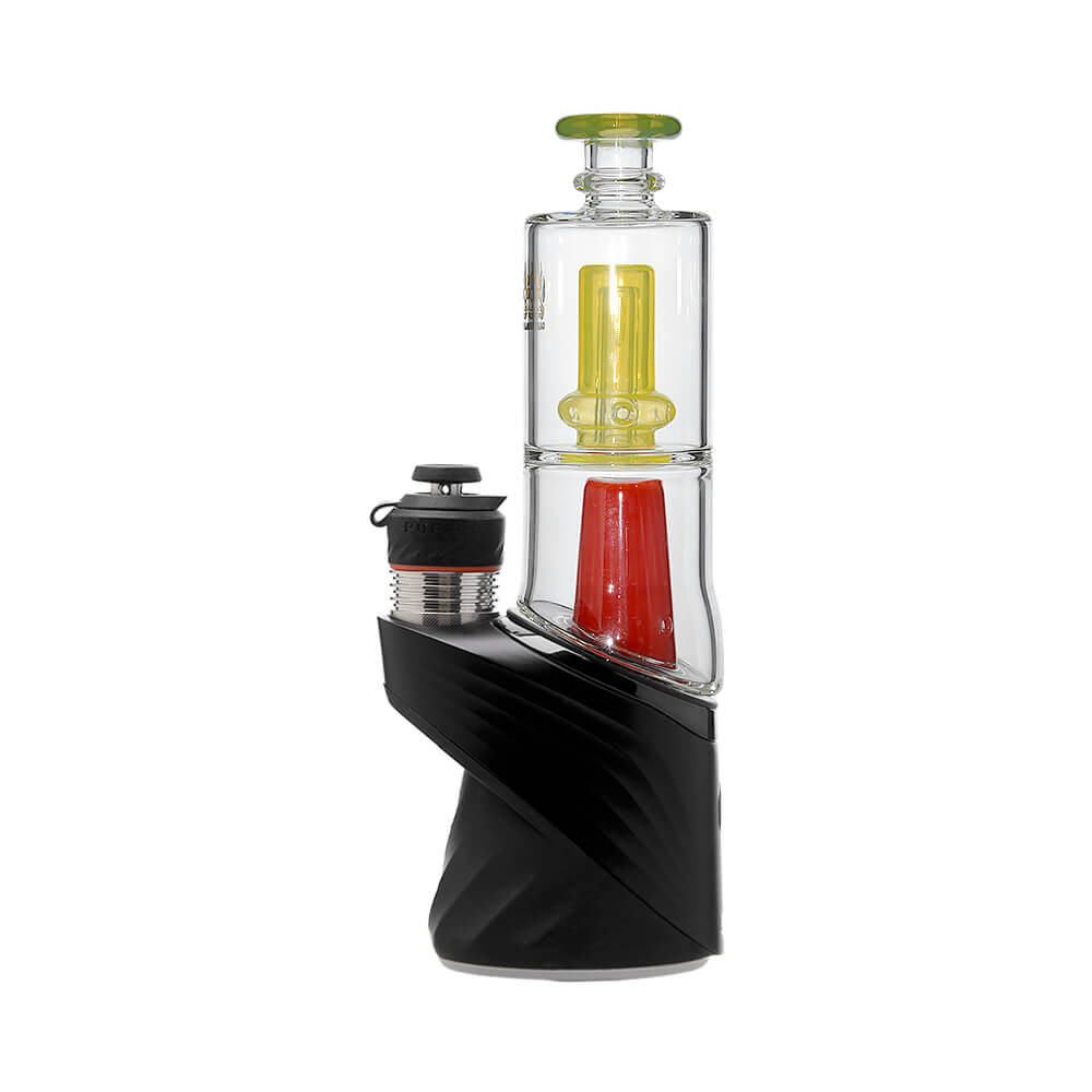 Calibear Double Perc glass attachments with encased opals for Puffco Peak OG and Pro, featuring clear chambers with colorful internal percolators and matching mouthpieces.