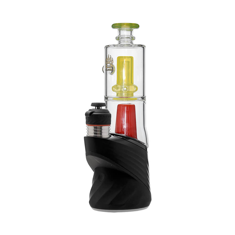 Calibear Double Perc glass attachments with encased opals for Puffco Peak OG and Pro, featuring clear chambers with colorful internal percolators and matching mouthpieces.