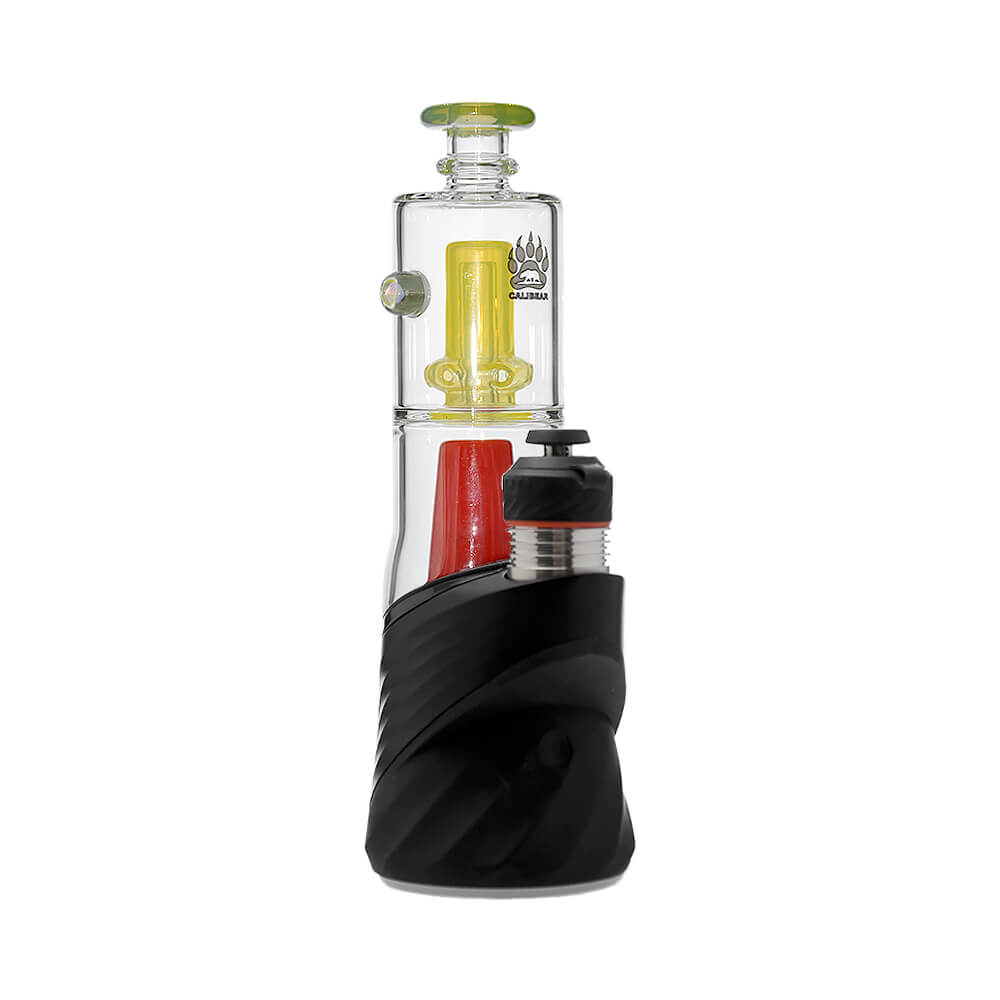 Calibear Double Perc glass attachments with encased opals for Puffco Peak OG and Pro, featuring clear chambers with colorful internal percolators and matching mouthpieces.