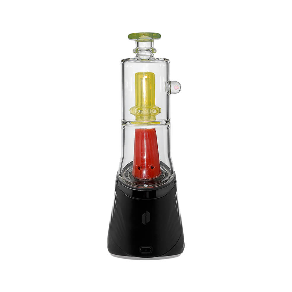 Calibear Double Perc glass attachments with encased opals for Puffco Peak OG and Pro, featuring clear chambers with colorful internal percolators and matching mouthpieces.
