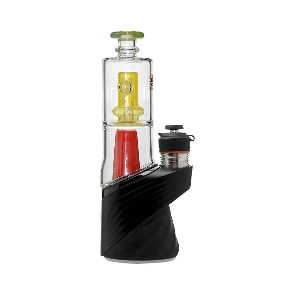 Calibear Double Perc glass attachments with encased opals for Puffco Peak OG and Pro, featuring clear chambers with colorful internal percolators and matching mouthpieces.