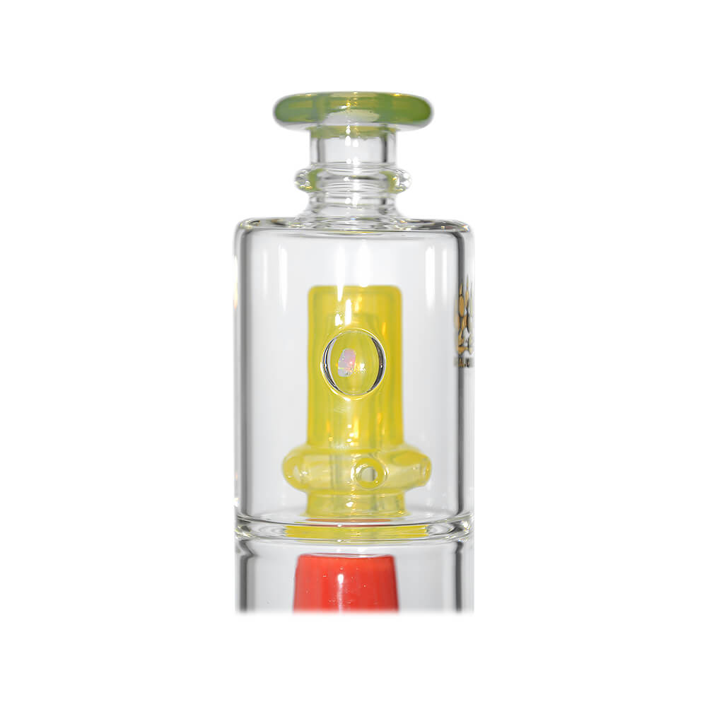Calibear Double Perc glass attachments with encased opals for Puffco Peak OG and Pro, featuring clear chambers with colorful internal percolators and matching mouthpieces.