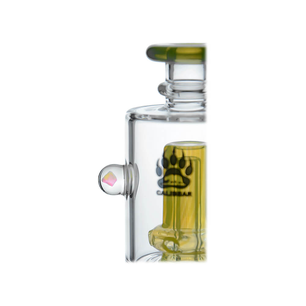 Calibear Double Perc glass attachments with encased opals for Puffco Peak OG and Pro, featuring clear chambers with colorful internal percolators and matching mouthpieces.
