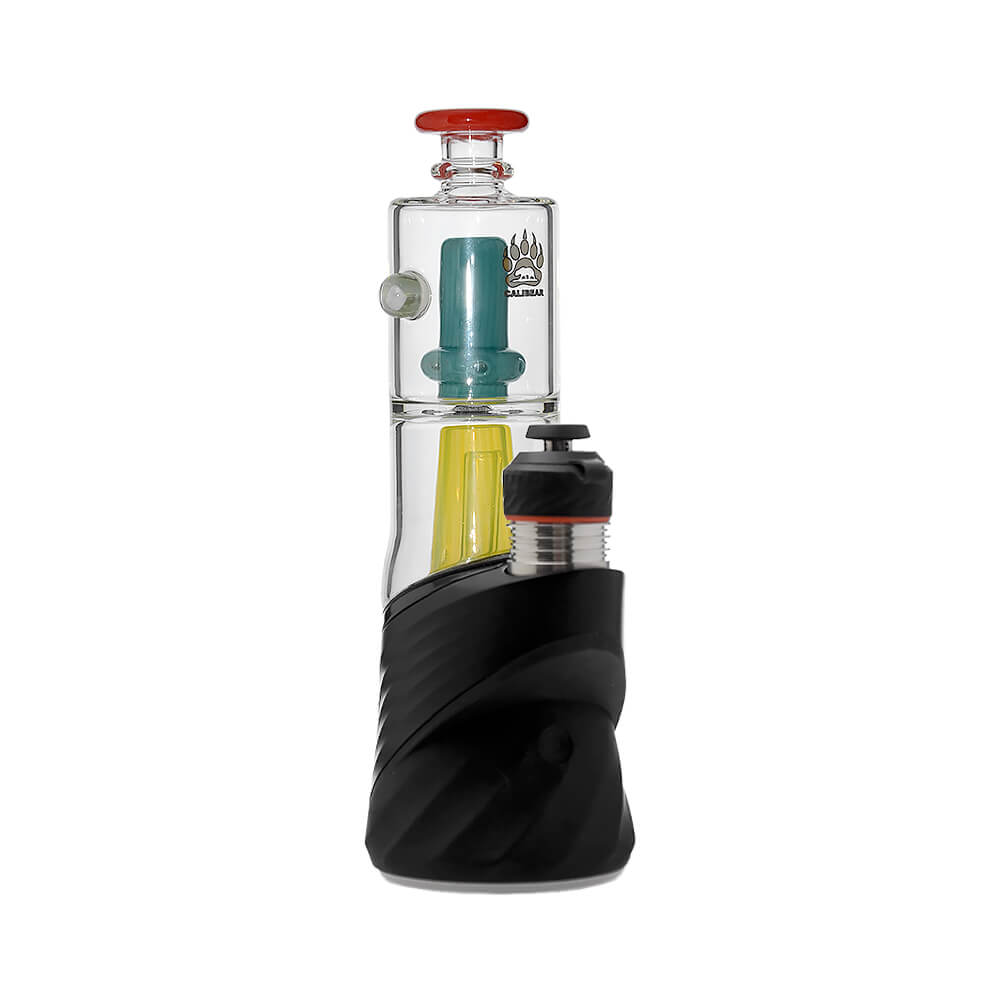 Calibear Double Perc glass attachments with encased opals for Puffco Peak OG and Pro, featuring clear chambers with colorful internal percolators and matching mouthpieces.