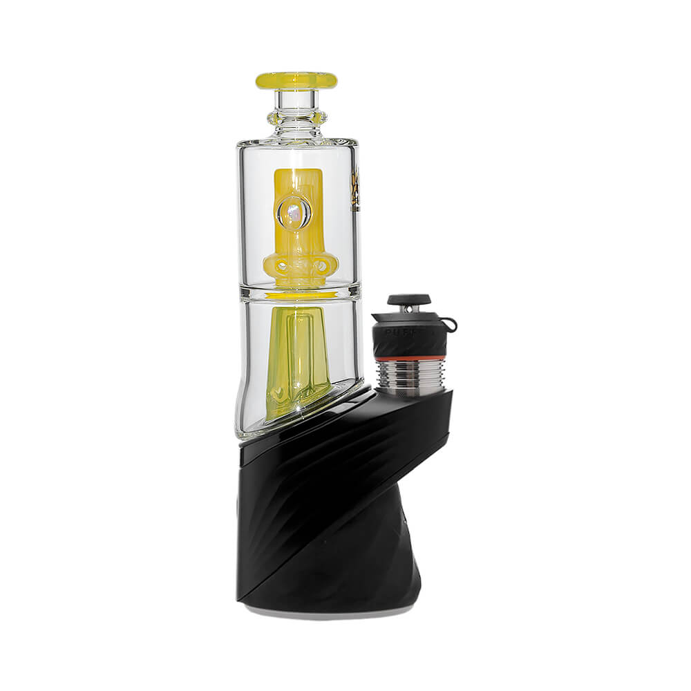 Calibear Double Perc glass attachments with encased opals for Puffco Peak OG and Pro, featuring clear chambers with colorful internal percolators and matching mouthpieces.