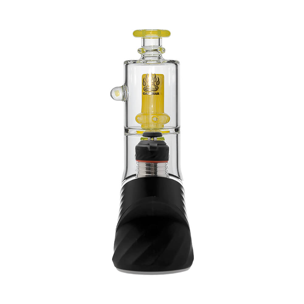 Calibear Double Perc glass attachments with encased opals for Puffco Peak OG and Pro, featuring clear chambers with colorful internal percolators and matching mouthpieces.