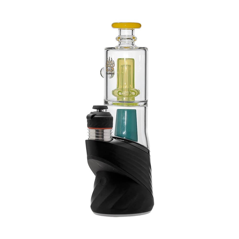 Calibear Double Perc glass attachments with encased opals for Puffco Peak OG and Pro, featuring clear chambers with colorful internal percolators and matching mouthpieces.