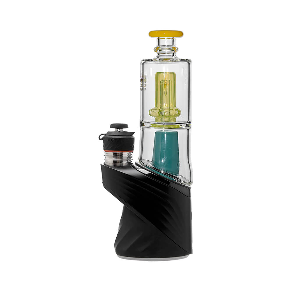 Calibear Double Perc glass attachments with encased opals for Puffco Peak OG and Pro, featuring clear chambers with colorful internal percolators and matching mouthpieces.