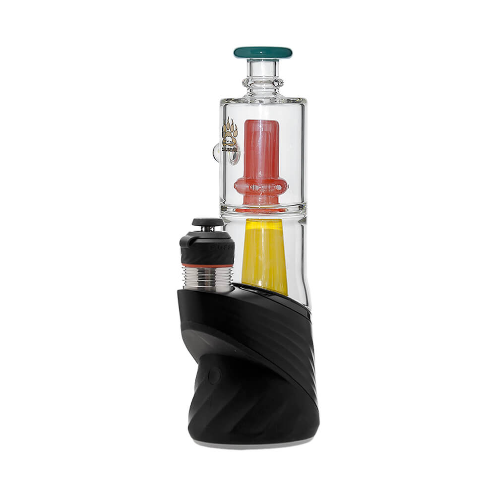 Calibear Double Perc glass attachments with encased opals for Puffco Peak OG and Pro, featuring clear chambers with colorful internal percolators and matching mouthpieces.