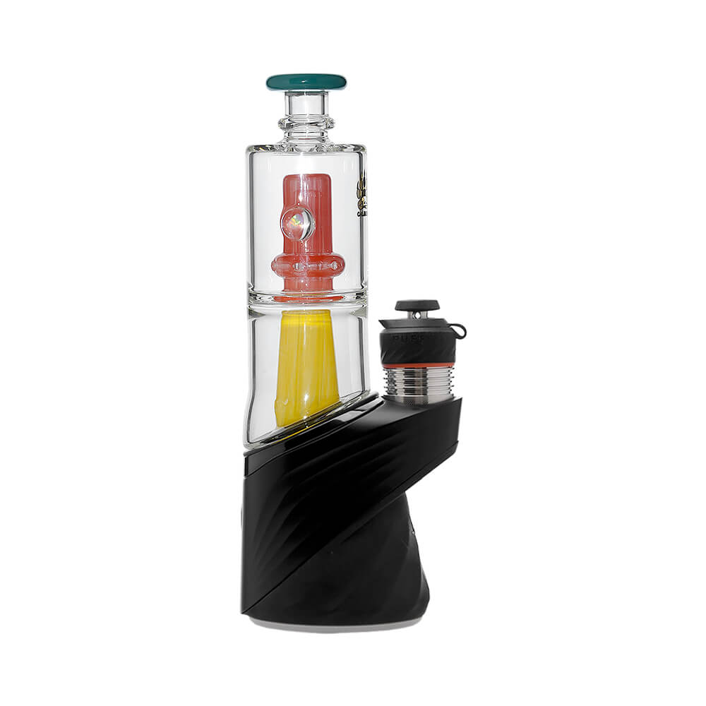 Calibear Double Perc glass attachments with encased opals for Puffco Peak OG and Pro, featuring clear chambers with colorful internal percolators and matching mouthpieces.