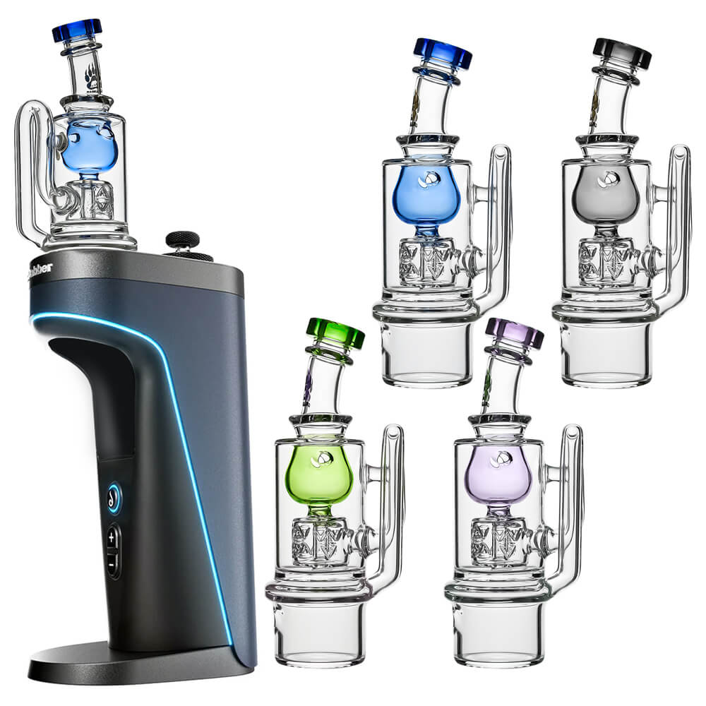 Calibear Torus Incycler glass attachment for Dr. Dabber Switch 2 shown in blue, green, purple, and smoke grey colors.