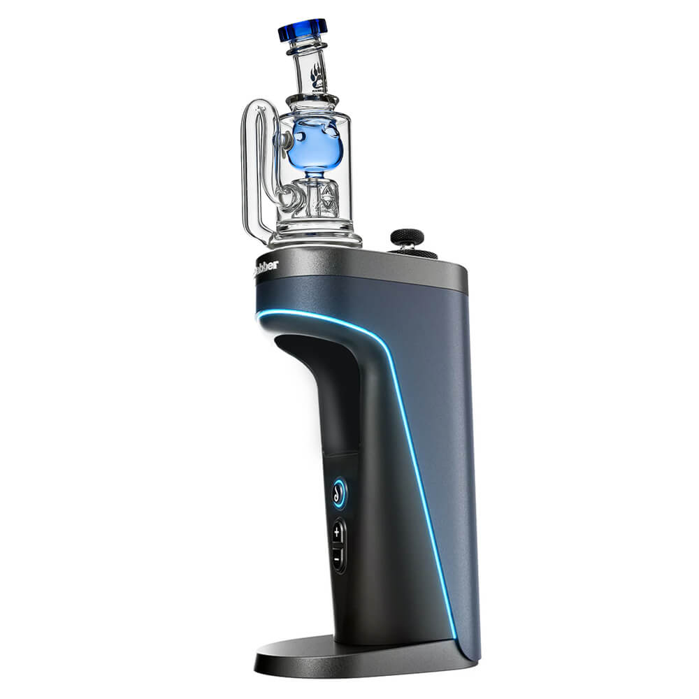 Calibear Torus Incycler glass attachment for Dr. Dabber Switch 2 shown in blue, green, purple, and smoke grey colors.
