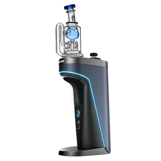 Calibear Torus Incycler glass attachment for Dr. Dabber Switch 2 shown in blue, green, purple, and smoke grey colors.