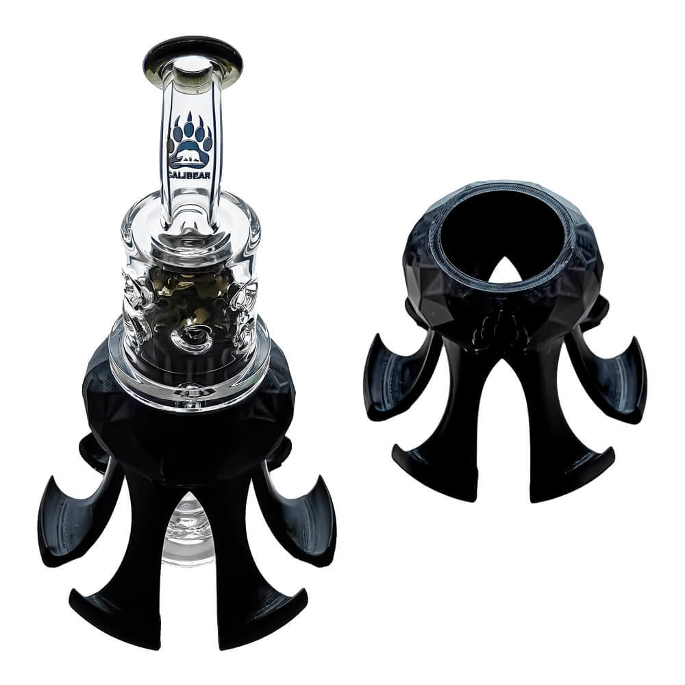Calibear octopus claw glass holder and display stand for Dr. Dabber Switch 2 attachments shown next to a glass recycler setup.