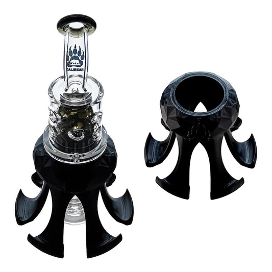 Calibear octopus claw glass holder and display stand for Dr. Dabber Switch 2 attachments shown next to a glass recycler setup.