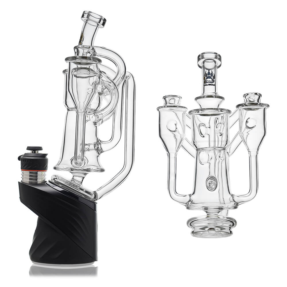 Calibear Dual Chamber Recycler Glass Attachment for Puffco Peak OG and Pro with dual side chambers and clear borosilicate glass