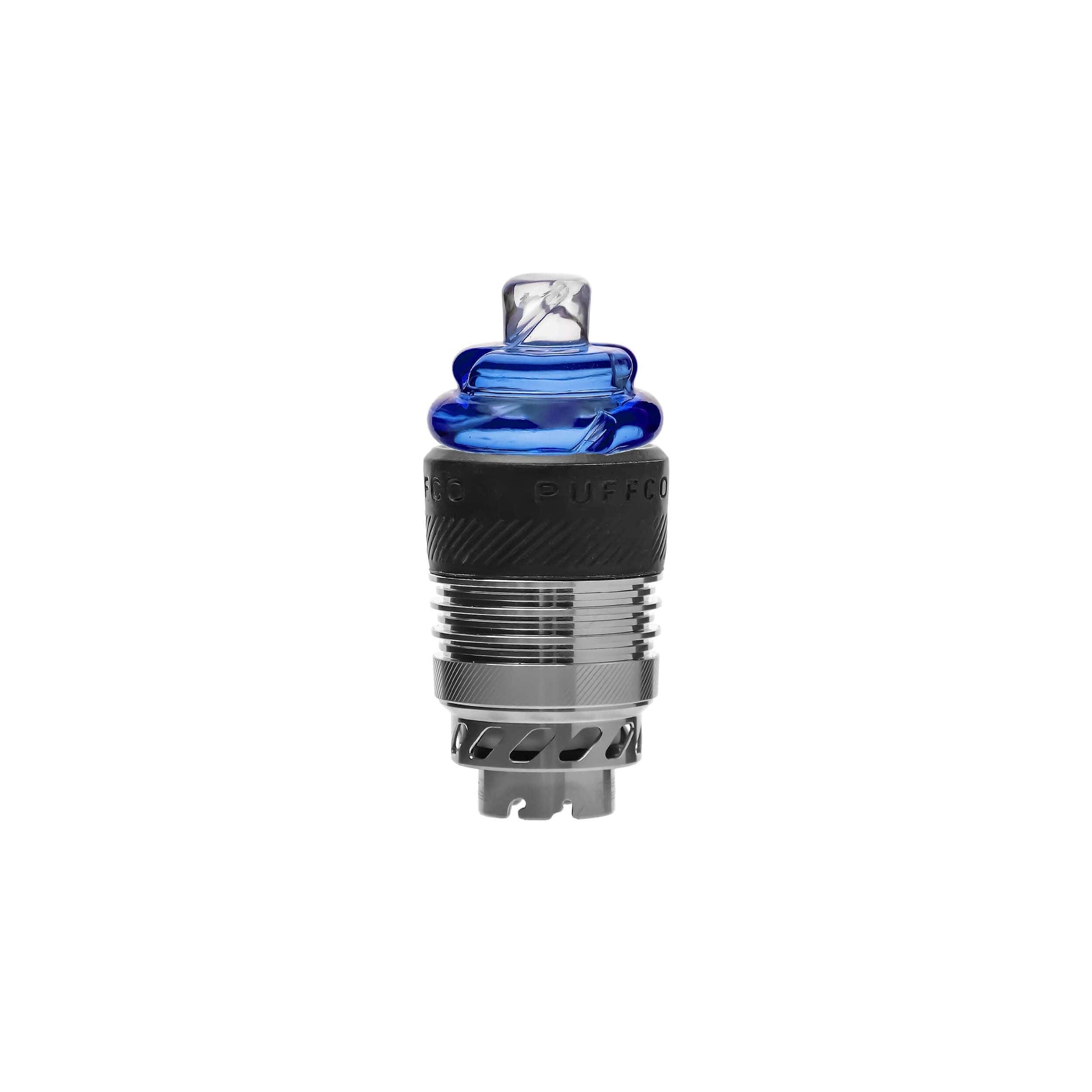 CaliBear dual-functional spinning carb caps with opal inlays for Puffco Peak and Proxy in black, blue, green, and purple showing reversible airflow design.