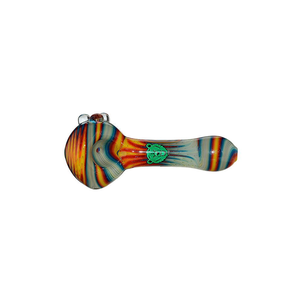 Four extended glass spoon pipes featuring vibrant, multi-colored wigwag linework and a signature green bear emblem on each stem.