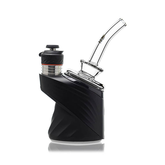 Calibear clear Gandalf Sherlock dry top glass attachments mounted on black Puffco Peak Pro e-rig bases, showcasing the sleek curved neck design from a side and front angle.