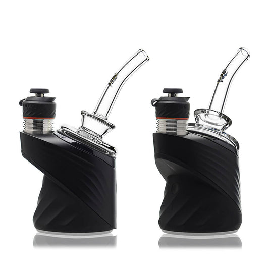 Calibear clear Gandalf Sherlock dry top glass attachments mounted on black Puffco Peak Pro e-rig bases, showcasing the sleek curved neck design from a side and front angle.