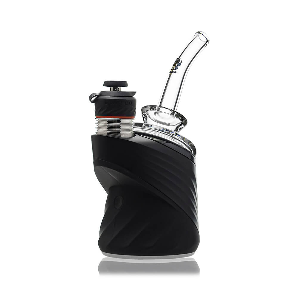 Calibear clear Gandalf Sherlock dry top glass attachments mounted on black Puffco Peak Pro e-rig bases, showcasing the sleek curved neck design from a side and front angle.
