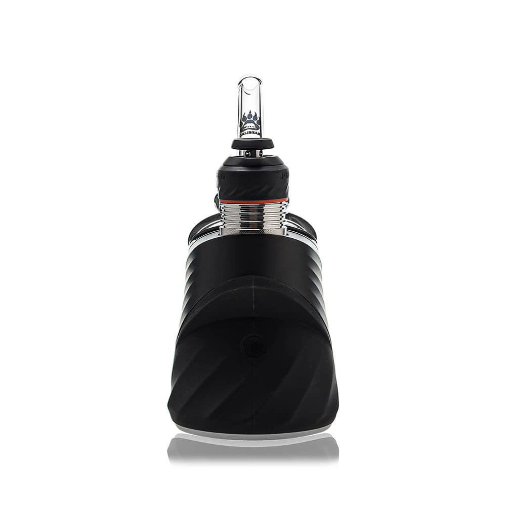 Calibear clear Gandalf Sherlock dry top glass attachments mounted on black Puffco Peak Pro e-rig bases, showcasing the sleek curved neck design from a side and front angle.