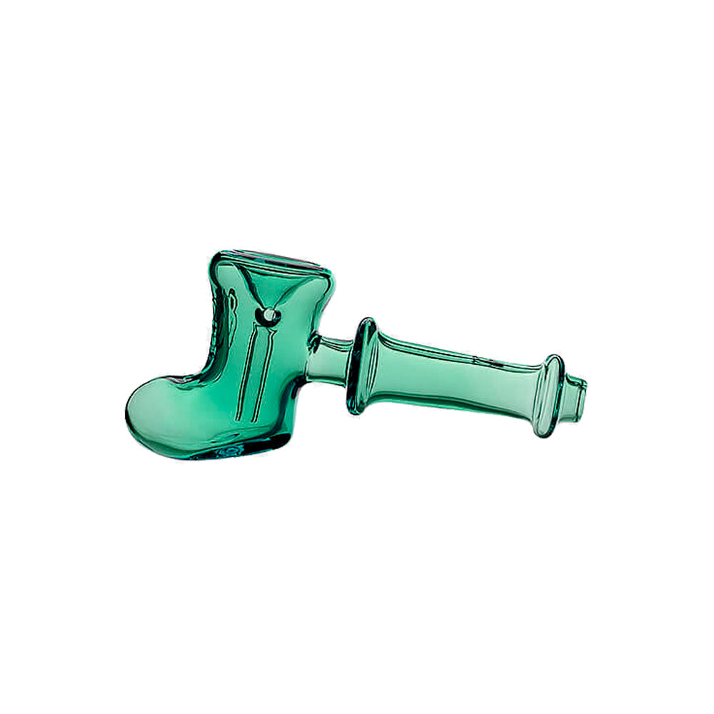 Calibear Hand-Blown Glass Boot Spoon Pipes in lavender purple, cobalt blue, lime green, teal green, pastel pink, and solid black colors showcasing the novelty boot-shaped flower bowl and elongated handle.