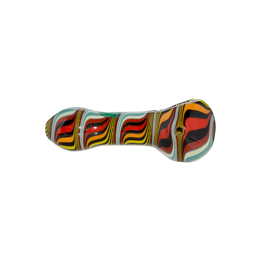 Five hand-blown glass spoon pipes featuring vibrant colorful wigwag patterns in yellow, orange, blue, and black, each marked with a green Calibear logo.