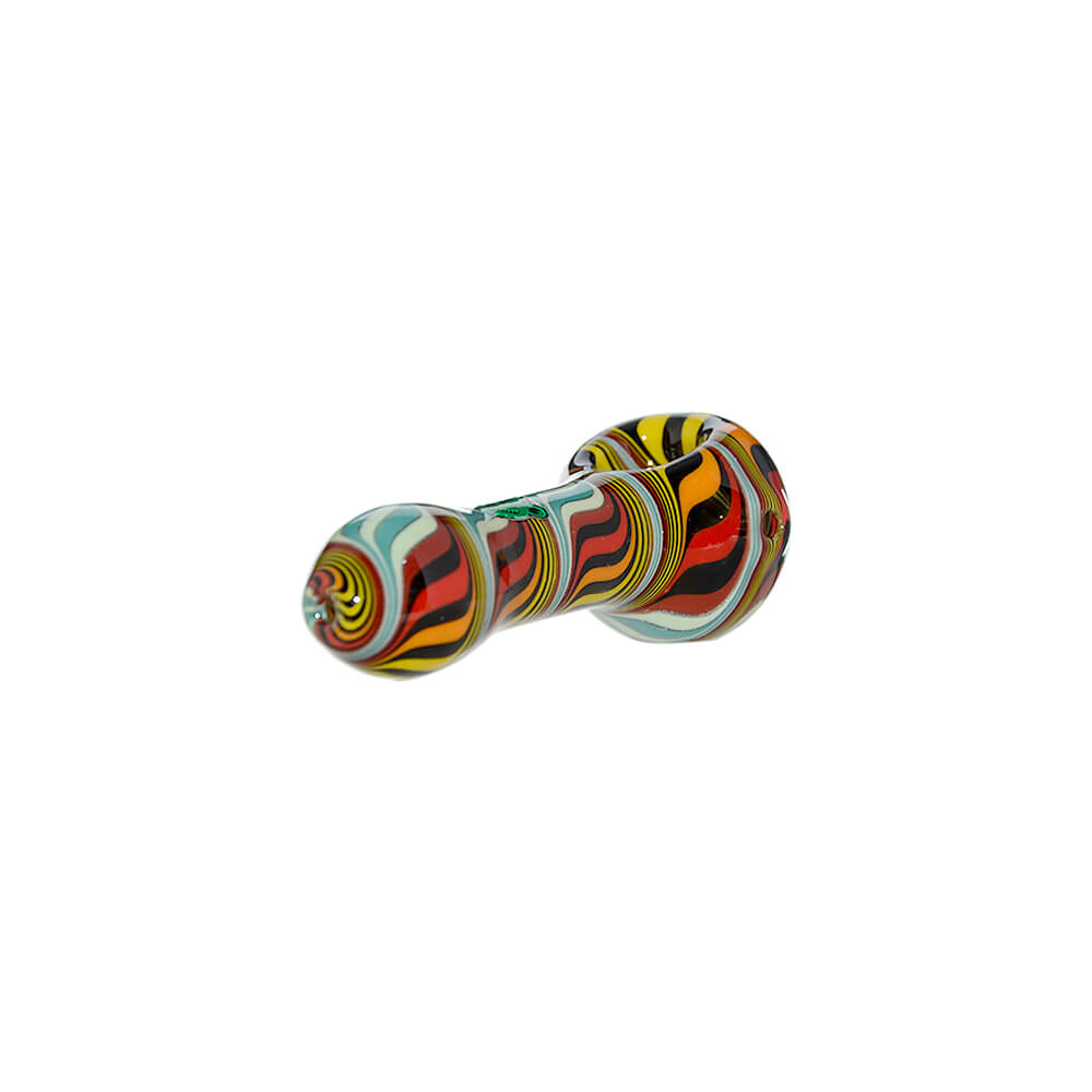 Five hand-blown glass spoon pipes featuring vibrant colorful wigwag patterns in yellow, orange, blue, and black, each marked with a green Calibear logo.